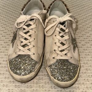 Golden Goose Silver and Cream Sneakers with Glitter Detail